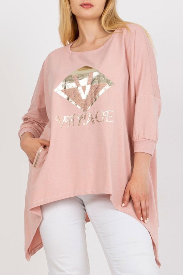 Asymetryczna bluzka tunika damska w kolorze pudrowym z kieszeniami vintage