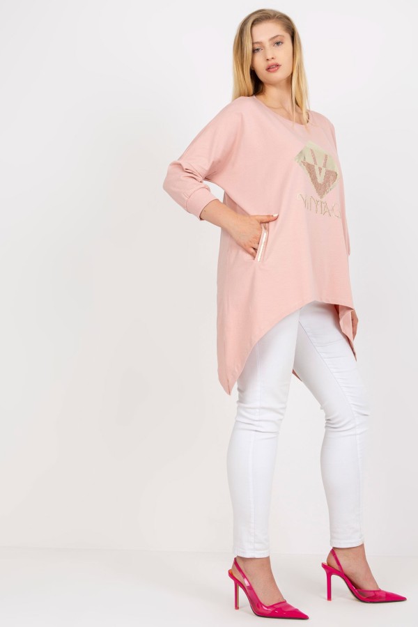Asymetryczna bluzka tunika damska w kolorze pudrowym z kieszeniami vintage 3