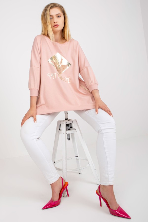 Asymetryczna bluzka tunika damska w kolorze pudrowym z kieszeniami vintage 1