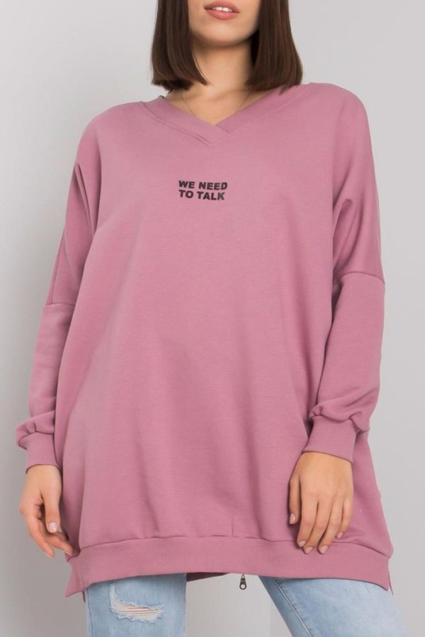 Tunika dresowa plus size bluza w kolorze brudnego różu w serek napis print ZIP Mova