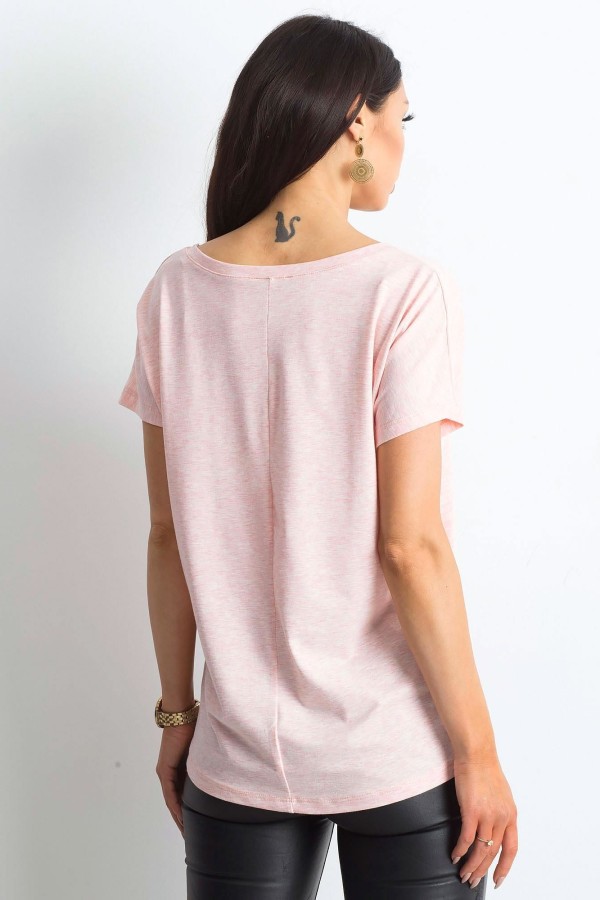 Bluzka damska w kolorze pudrowy melanż t-shirt basic dekolt w serek v-neck luna 3