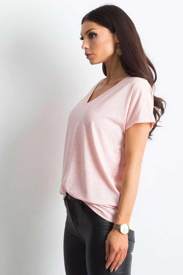 Bluzka damska w kolorze pudrowy melanż t-shirt basic dekolt w serek v-neck luna 4
