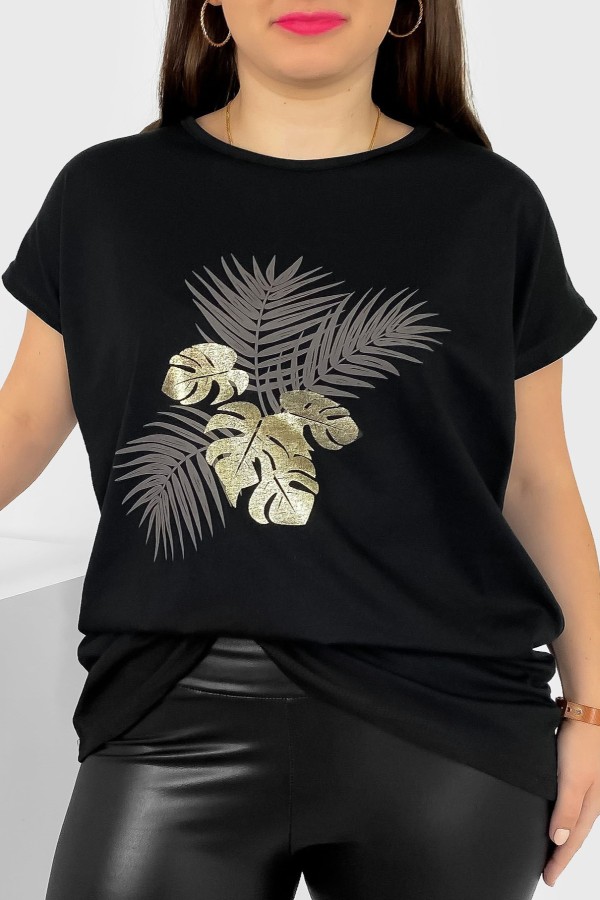 T-shirt damski plus size nietoperz w kolorze czarnym liście palmy Leo