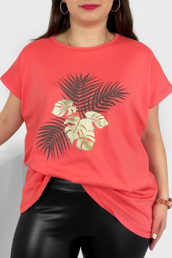 T-shirt damski plus size nietoperz w kolorze morelowym liście palmy Leo