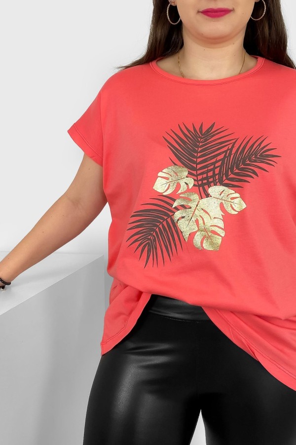T-shirt damski plus size nietoperz w kolorze morelowym liście palmy Leo 1