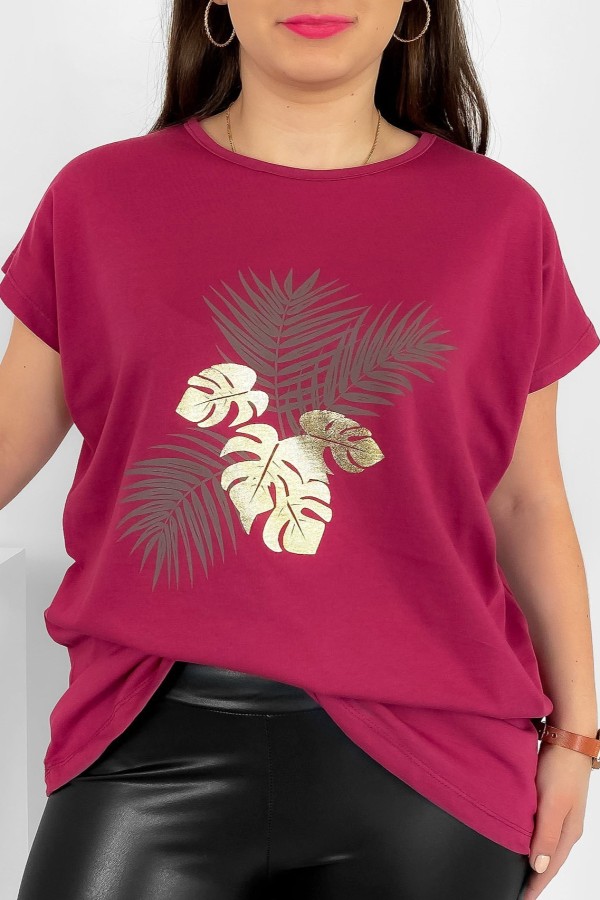 T-shirt damski plus size nietoperz w kolorze rubinowym liście palmy Leo