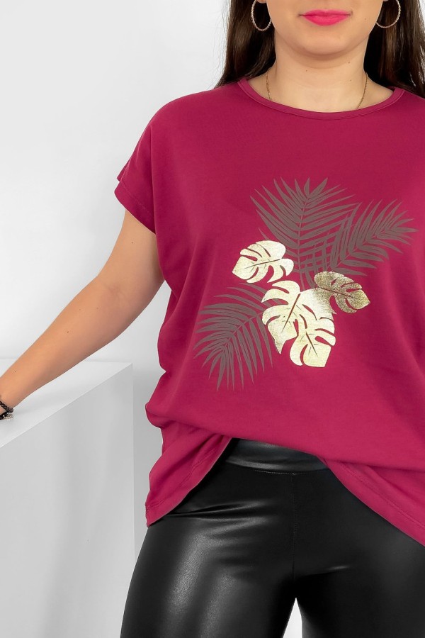 T-shirt damski plus size nietoperz w kolorze rubinowym liście palmy Leo 1