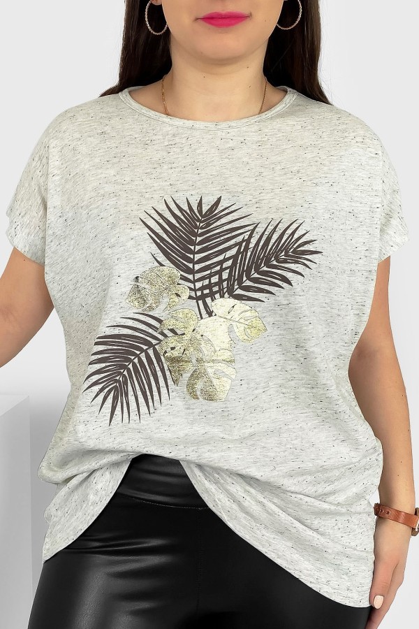 T-shirt damski plus size nietoperz w kolorze beżowego melanżu liście palmy Leo