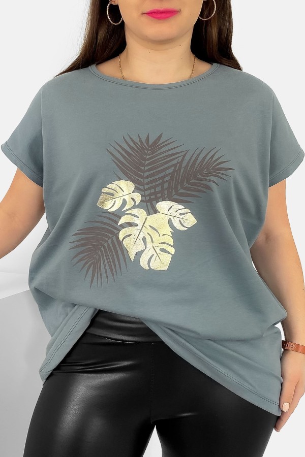 T-shirt damski plus size nietoperz w kolorze stalowy szary liście palmy Leo