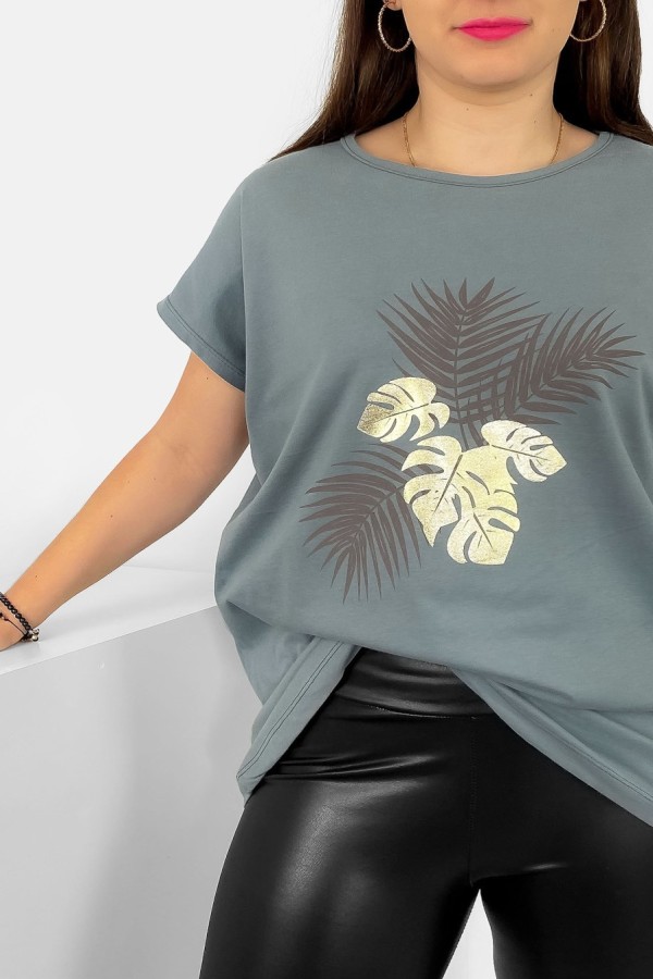 T-shirt damski plus size nietoperz w kolorze stalowy szary liście palmy Leo 1