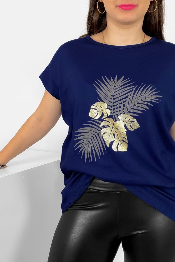T-shirt damski plus size nietoperz w kolorze granatowym liście palmy Leo 1