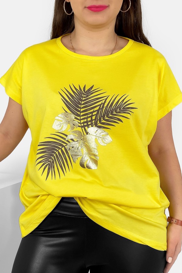 T-shirt damski plus size nietoperz w kolorze żółtym liście palmy Leo