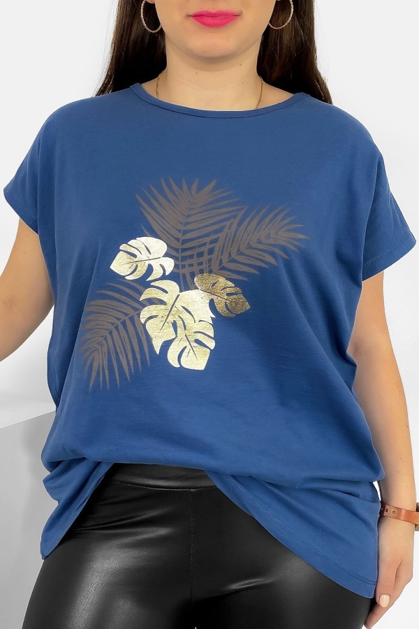 T-shirt damski plus size nietoperz w kolorze denim liście palmy Leo