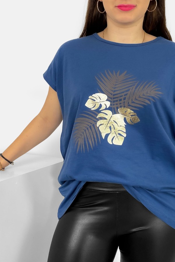T-shirt damski plus size nietoperz w kolorze denim liście palmy Leo 1