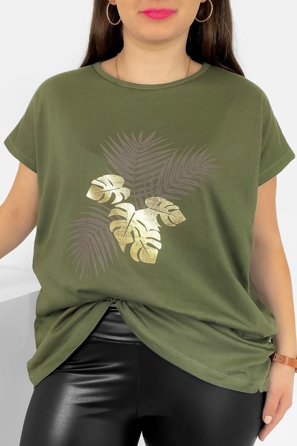 T-shirt damski plus size nietoperz w kolorze khaki liście palmy Leo