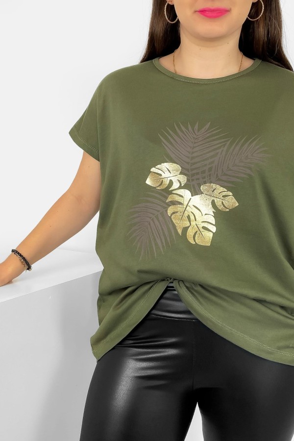 T-shirt damski plus size nietoperz w kolorze khaki liście palmy Leo 1