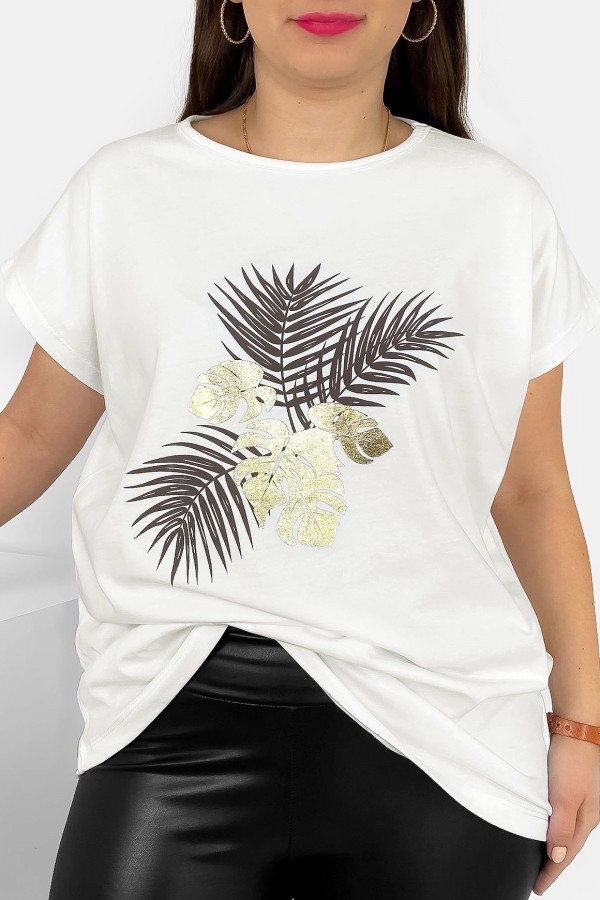 T-shirt damski plus size nietoperz w kolorze ecru liście palmy Leo