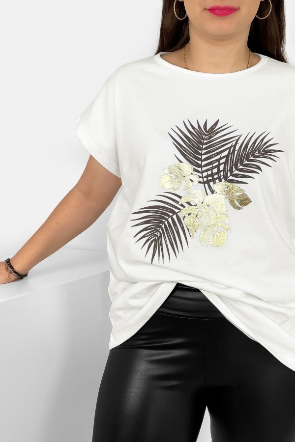 T-shirt damski plus size nietoperz w kolorze ecru liście palmy Leo 1