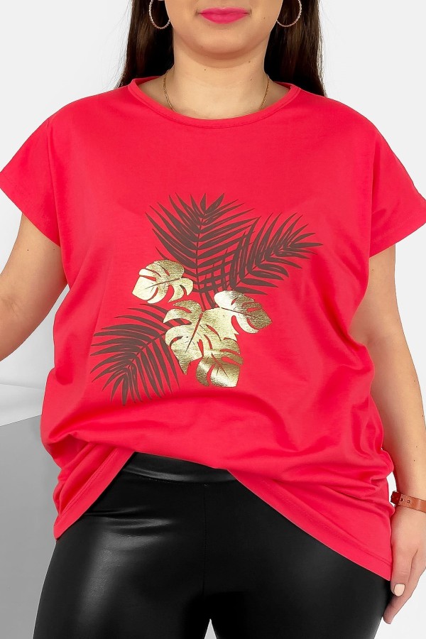 T-shirt damski plus size nietoperz w kolorze koralowym liście palmy Leo