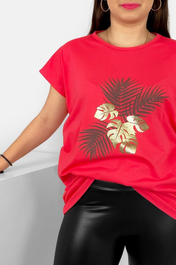 T-shirt damski plus size nietoperz w kolorze koralowym liście palmy Leo 1