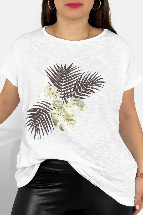 T-shirt damski plus size nietoperz w kolorze białym liście palmy Leo
