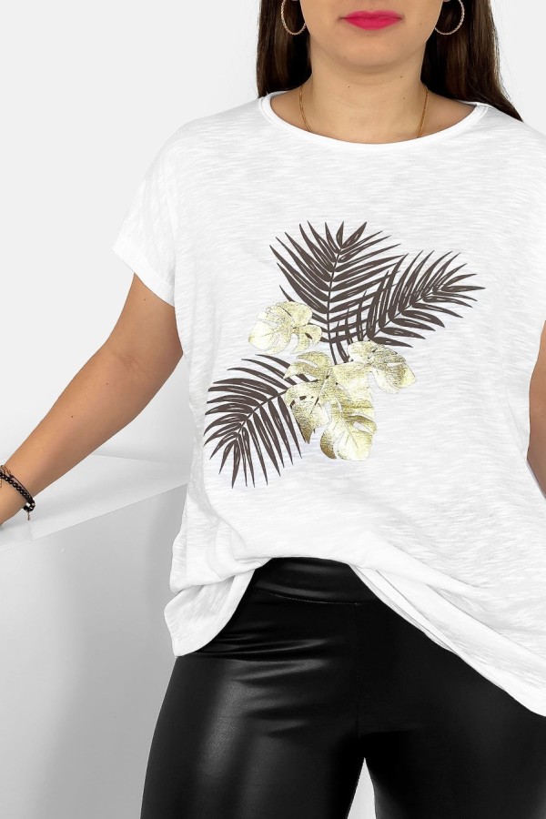 T-shirt damski plus size nietoperz w kolorze białym liście palmy Leo 1