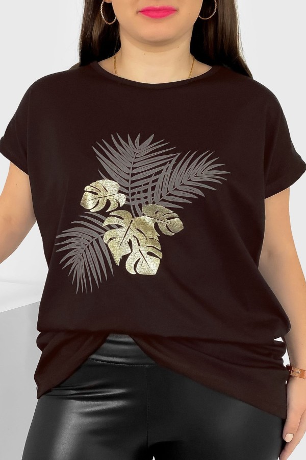 T-shirt damski plus size nietoperz w kolorze czarnego brązu liście palmy Leo 2