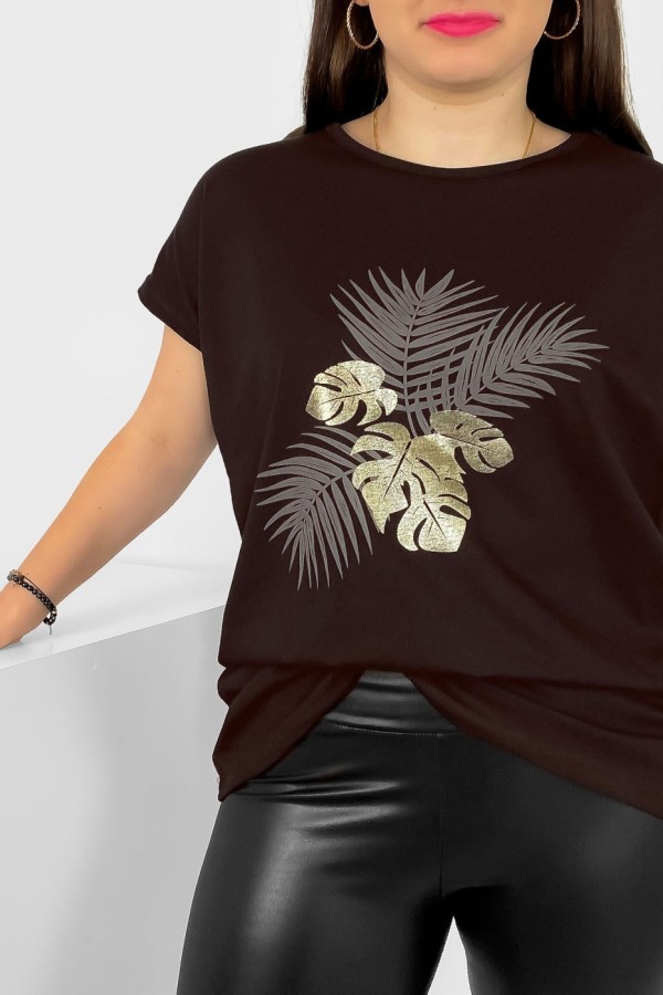 T-shirt damski plus size nietoperz w kolorze czarnego brązu liście palmy Leo 1