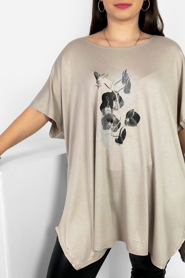 Tunika plus size luźna bluzka z wiskozy w kolorze beżowym kwiat art 2