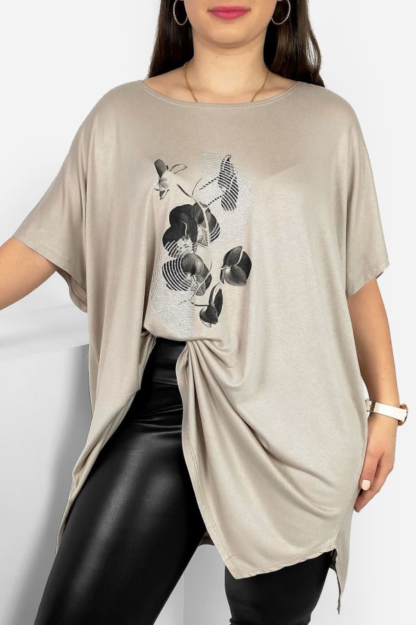 Tunika plus size luźna bluzka z wiskozy w kolorze beżowym kwiat art