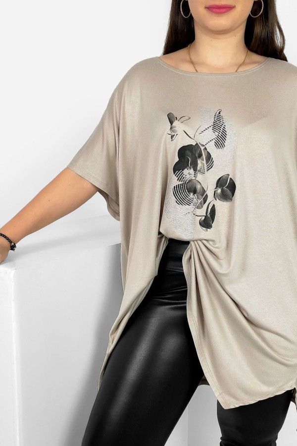 Tunika plus size luźna bluzka z wiskozy w kolorze beżowym kwiat art 1