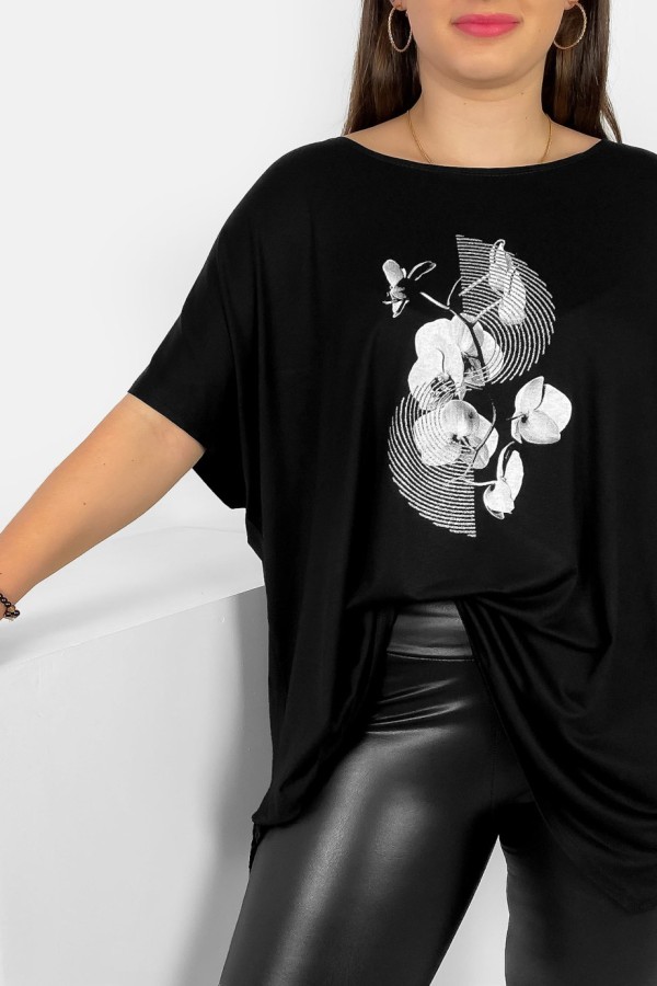 Tunika plus size luźna bluzka z wiskozy w kolorze czarnym kwiat art 1