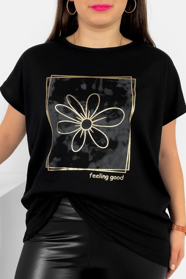 T-shirt damski plus size nietoperz w kolorze czarnym kwiat w ramce Danny