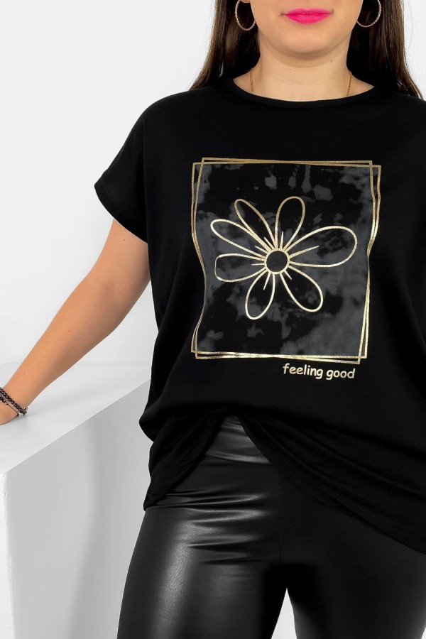 T-shirt damski plus size nietoperz w kolorze czarnym kwiat w ramce Danny 1