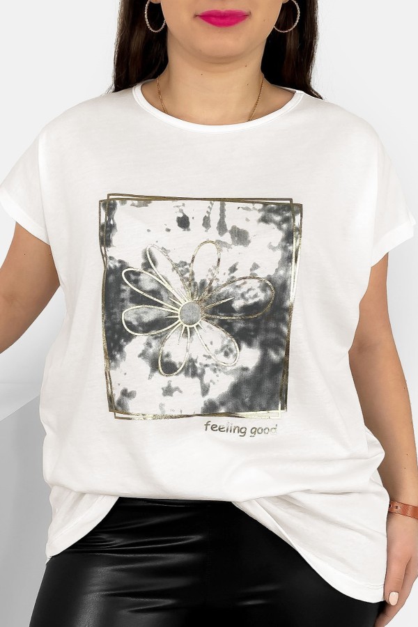 T-shirt damski plus size nietoperz w kolorze ecru kwiat w ramce Danny 2