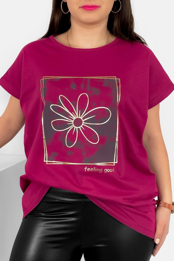 T-shirt damski plus size nietoperz w kolorze rubinowym kwiat w ramce Danny