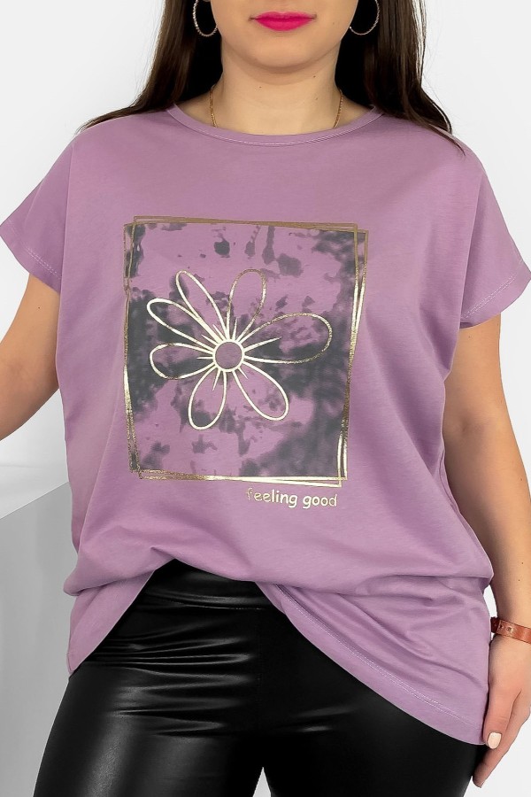 T-shirt damski plus size nietoperz w kolorze wrzosowym kwiat w ramce Danny