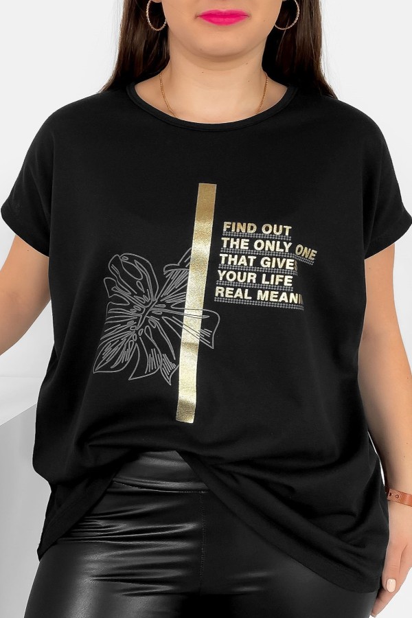 T-shirt damski plus size nietoperz w kolorze czarnym liść napisy Ben 2