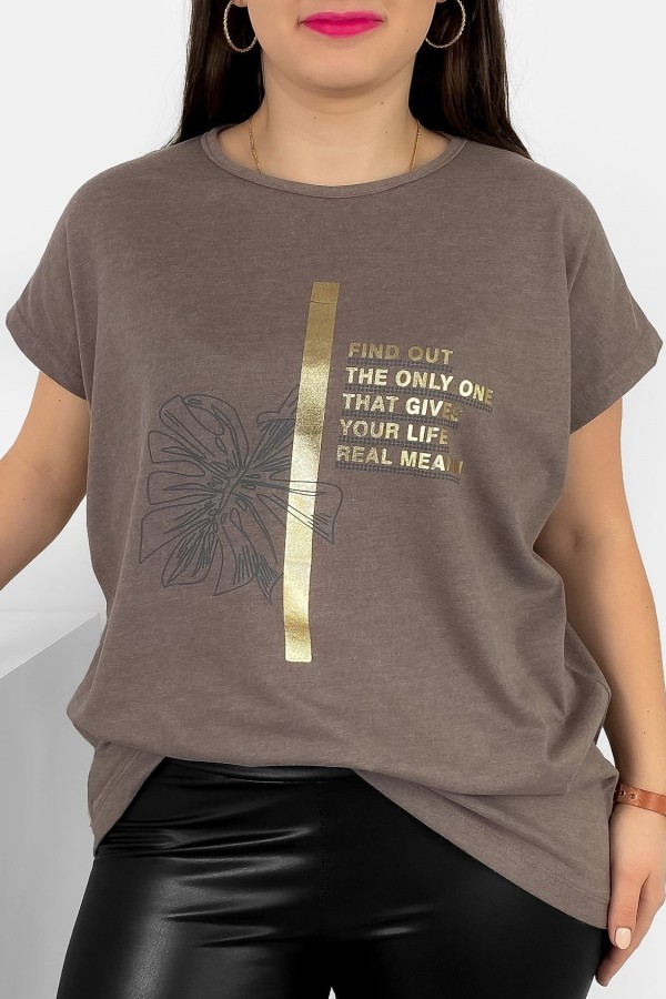 T-shirt damski plus size nietoperz w kolorze brązowego melanżu liść napisy Ben