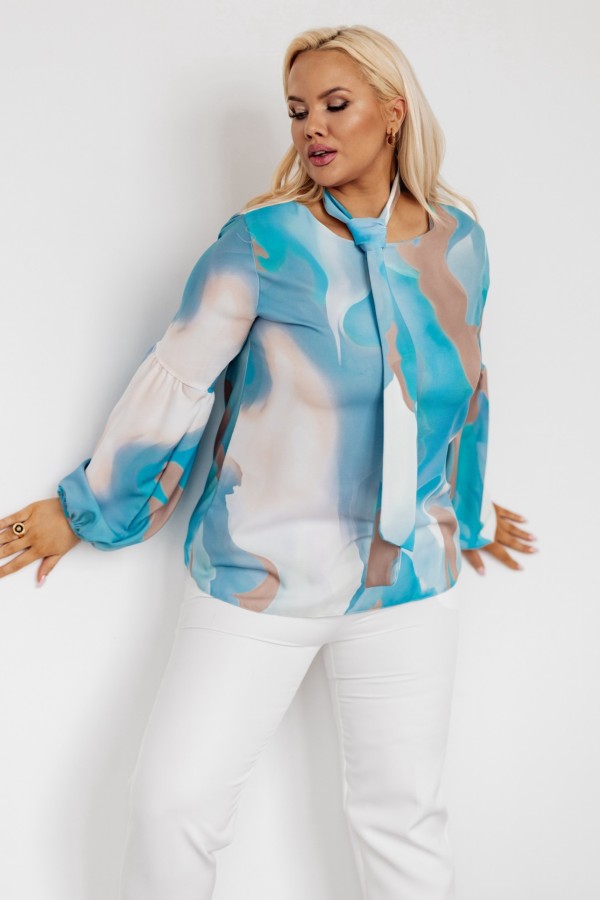 Elegancka bluzka koszulowa plus size z niebieskim wzorem wiązana pasek Gloria 6