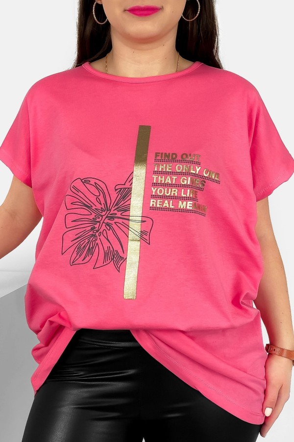 T-shirt damski plus size nietoperz w kolorze różowym liść napisy Ben
