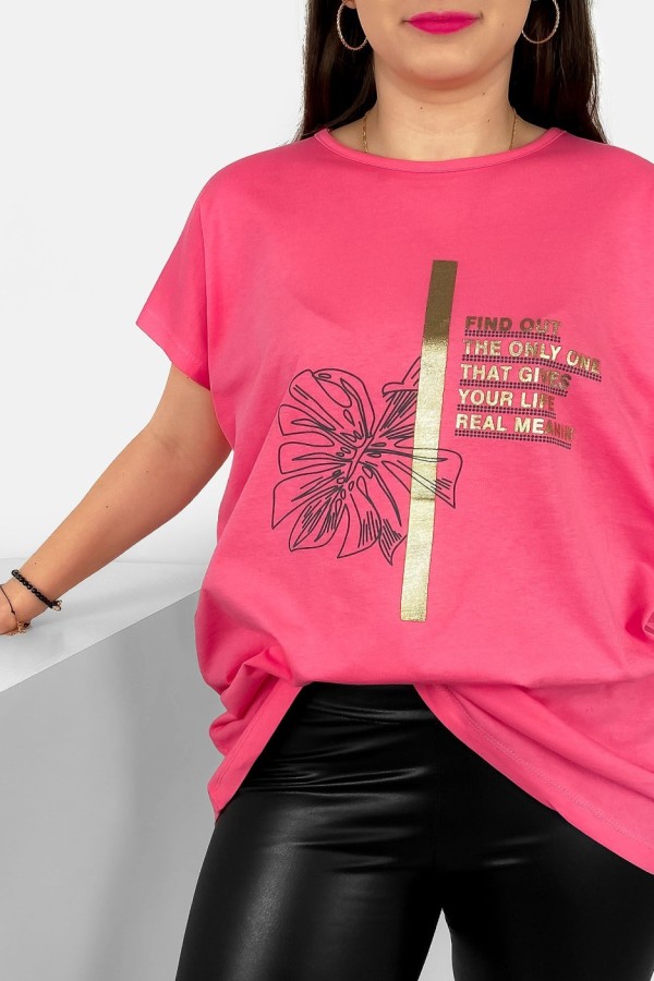 T-shirt damski plus size nietoperz w kolorze różowym liść napisy Ben 1