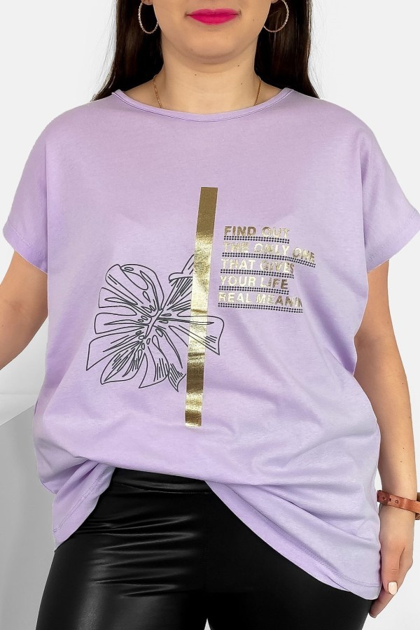 T-shirt damski plus size nietoperz w kolorze lila fiolet liść napisy Ben 2