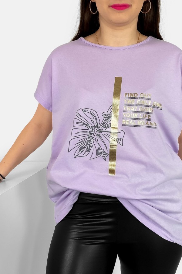 T-shirt damski plus size nietoperz w kolorze lila fiolet liść napisy Ben 1