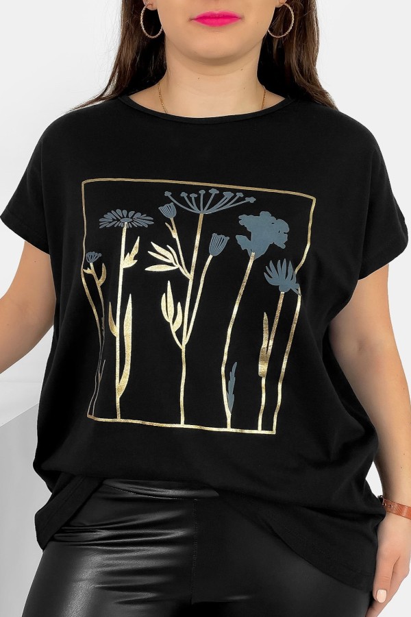 T-shirt damski plus size nietoperz w kolorze czarnym kwiaty flowers Feen