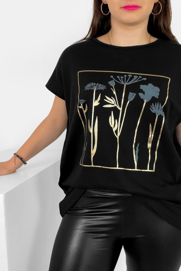 T-shirt damski plus size nietoperz w kolorze czarnym kwiaty flowers Feen 1