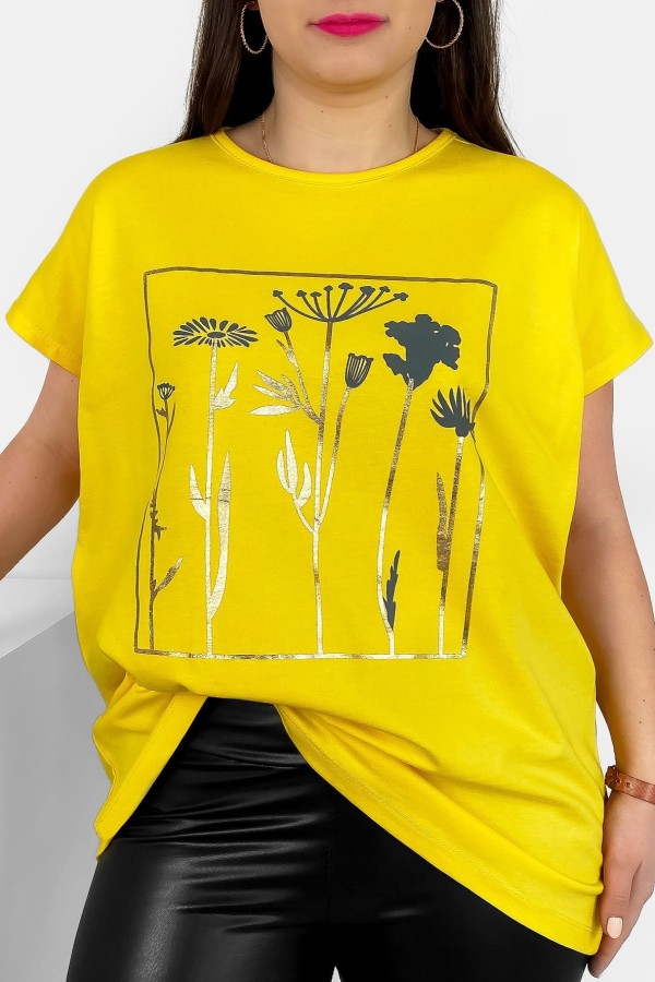 T-shirt damski plus size nietoperz w kolorze żółtym kwiaty flowers Feen