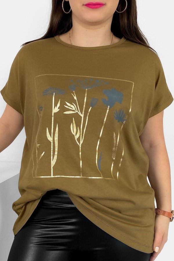 T-shirt damski plus size nietoperz w kolorze orzechowego brązu kwiaty flowers Feen