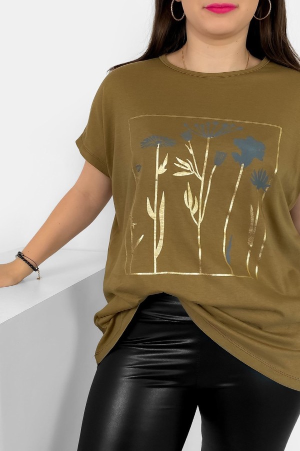T-shirt damski plus size nietoperz w kolorze orzechowego brązu kwiaty flowers Feen 1