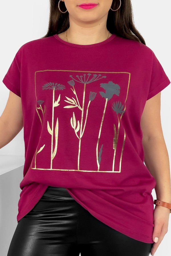 T-shirt damski plus size nietoperz w kolorze rubinowym kwiaty flowers Feen